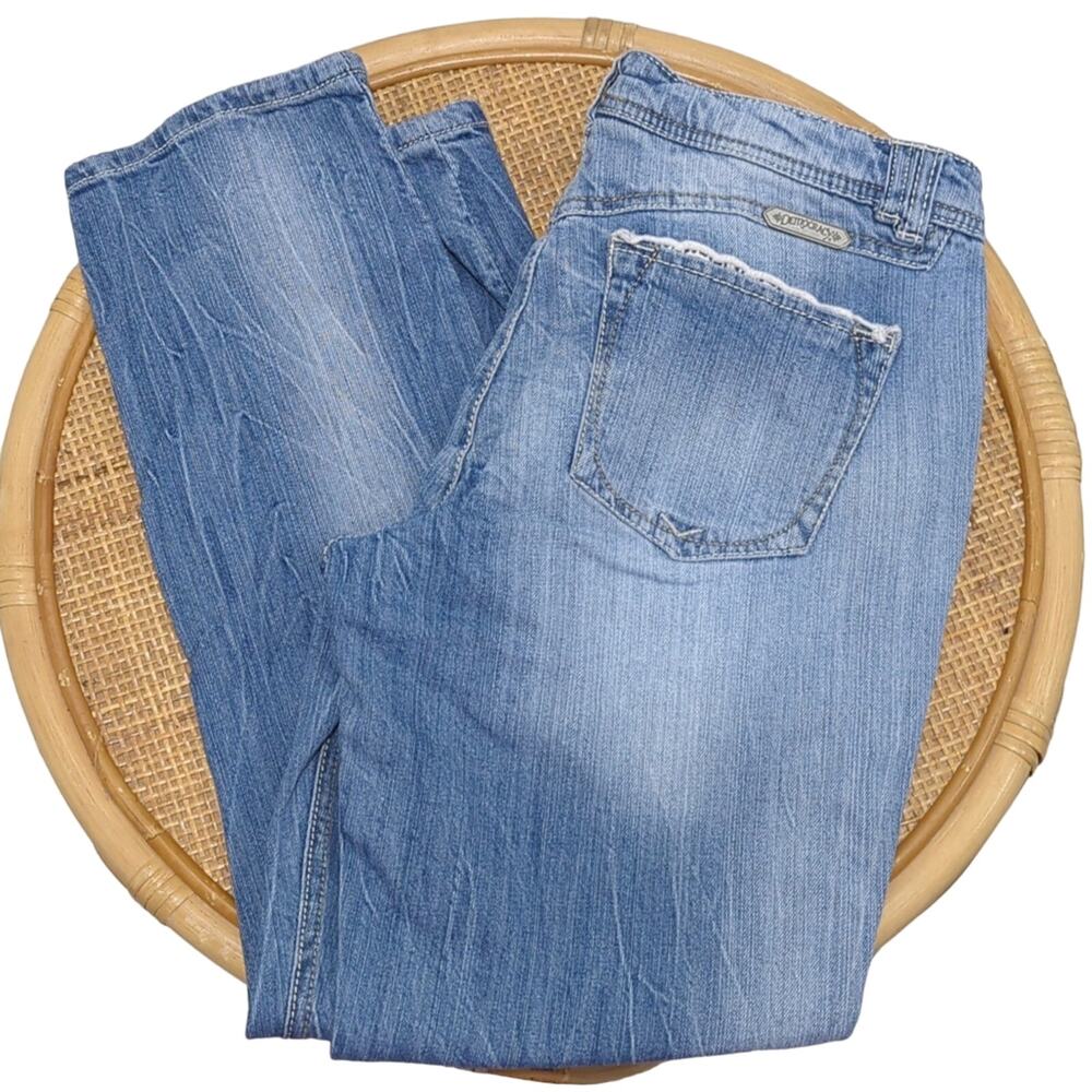 Democracy Jeans Straight Leg Faded Light Wash Denim Crochet Trim Women's size 6